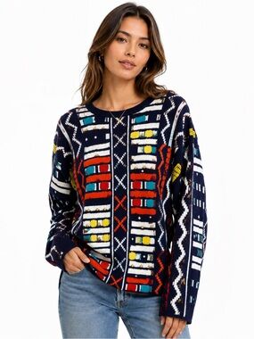 Vintage Kitty Hawk Vivian Wang Colorful Graphic Knit‎ Sweater Retro Geometric